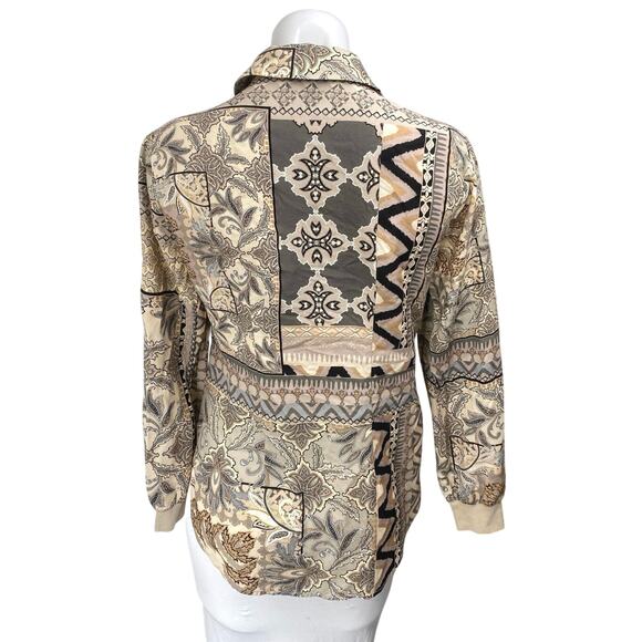 Renuar Women's Brown Tan Geometric Print Long Sleeve Button Down Shirt Top Sz XS - Picture 2 of 5